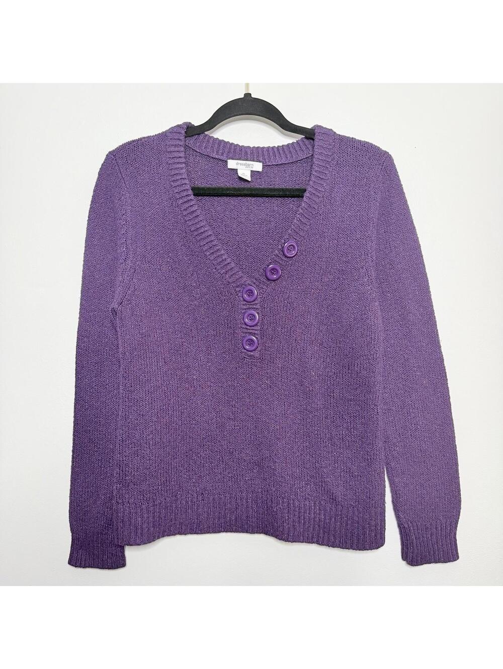 Dressbarn Purple Knit Sweater Button V Neck Casual Women’s Petite Large